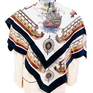 Vintage Studio D  100% silk satin, 34"x34" Beige Brown Ship Traveling art (78)